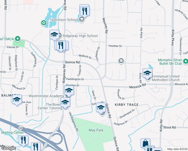 map of restaurants, bars, coffee shops, grocery stores, and more near 6237 Haddington Drive in Memphis