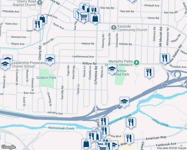 map of restaurants, bars, coffee shops, grocery stores, and more near 1762 South Perkins Road in Memphis