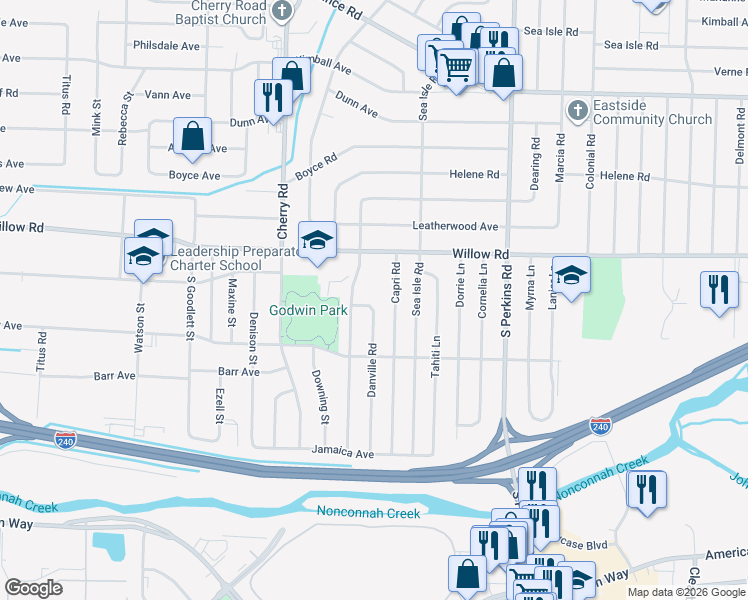 map of restaurants, bars, coffee shops, grocery stores, and more near 1765 Danville Road in Memphis
