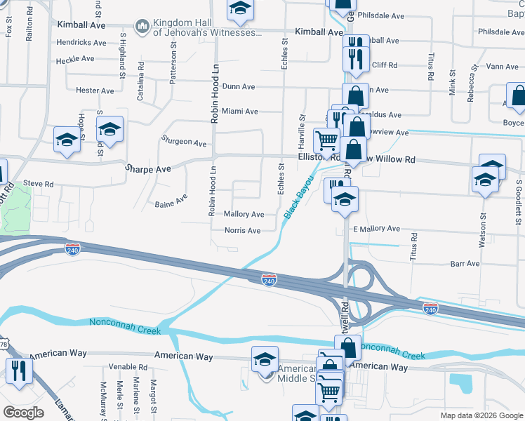 map of restaurants, bars, coffee shops, grocery stores, and more near 3767 Mallory Avenue in Memphis
