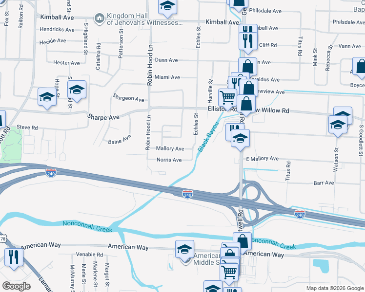 map of restaurants, bars, coffee shops, grocery stores, and more near 3767 Mallory Avenue in Memphis