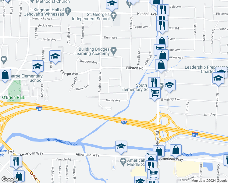 map of restaurants, bars, coffee shops, grocery stores, and more near 3750 Mallory Avenue in Memphis