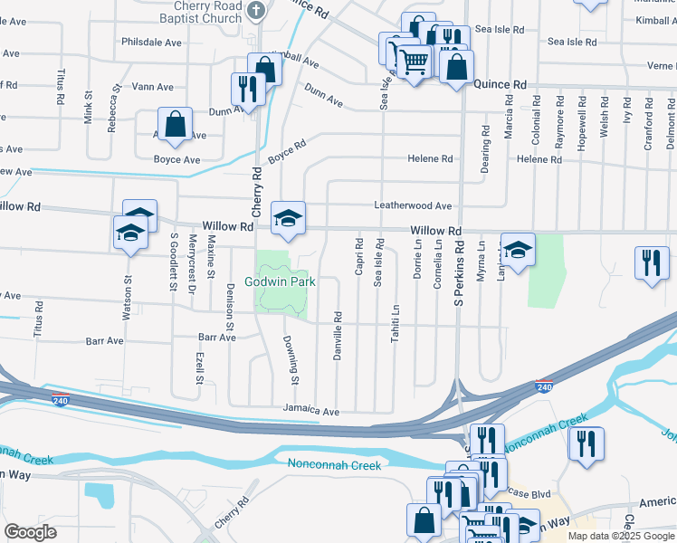map of restaurants, bars, coffee shops, grocery stores, and more near 1765 Danville Road in Memphis