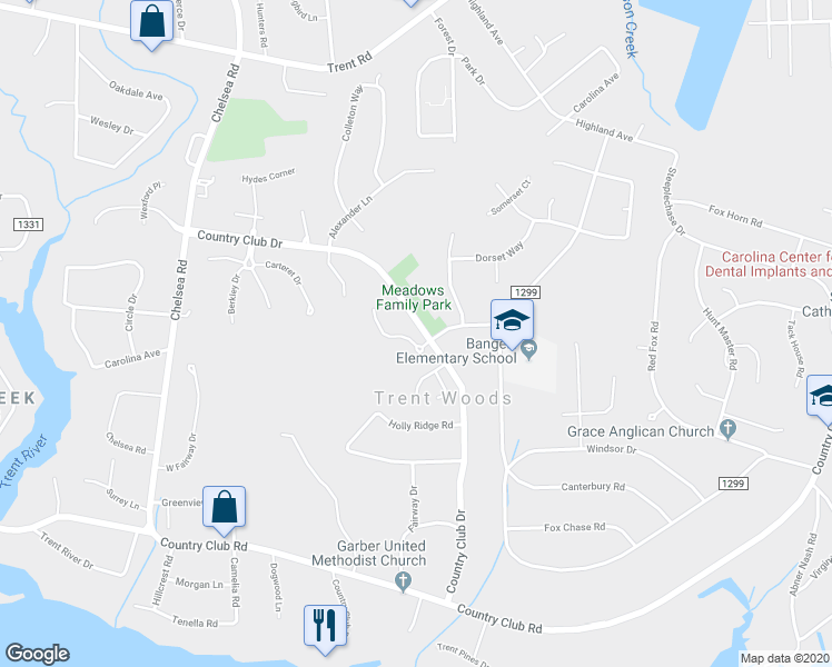map of restaurants, bars, coffee shops, grocery stores, and more near 1002 Devonshire Drive in New Bern