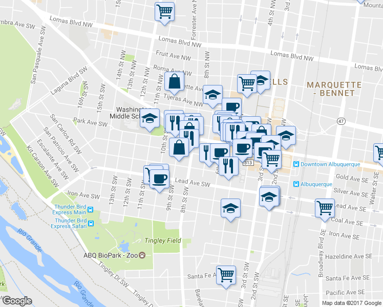 map of restaurants, bars, coffee shops, grocery stores, and more near 8th St SW & Gold Ave SW in Albuquerque
