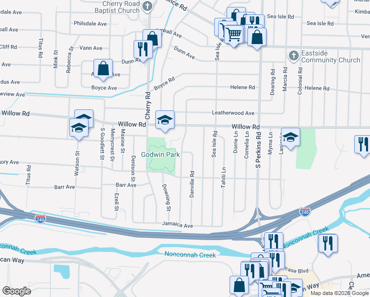 map of restaurants, bars, coffee shops, grocery stores, and more near 1765 Danville Road in Memphis