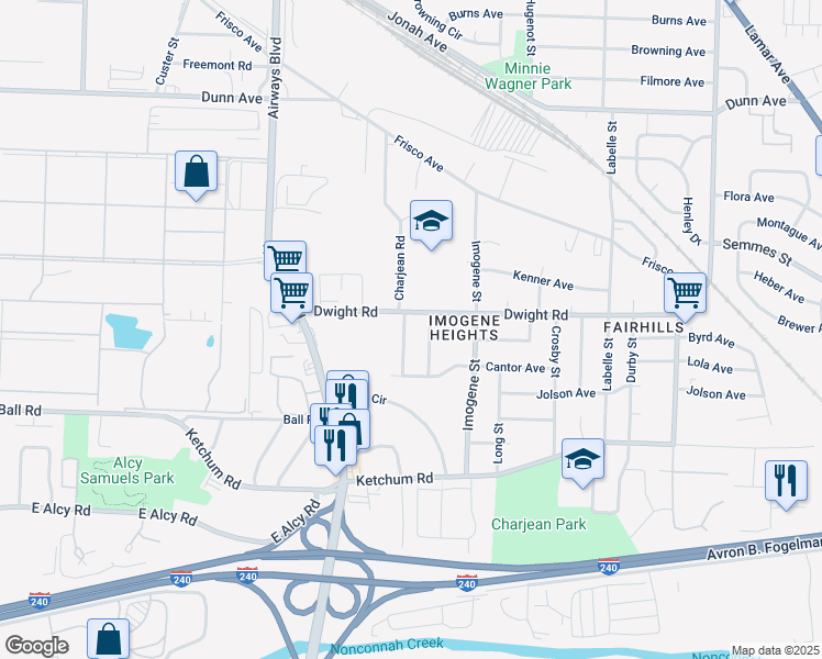 map of restaurants, bars, coffee shops, grocery stores, and more near 2238 Charjean Road in Memphis