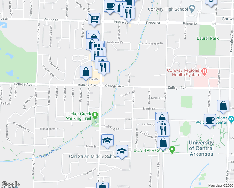 map of restaurants, bars, coffee shops, grocery stores, and more near 10 Laura Lane in Conway