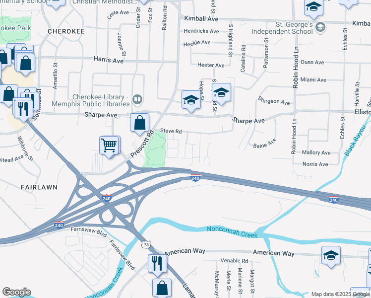 map of restaurants, bars, coffee shops, grocery stores, and more near 1745 Morlye Street in Memphis