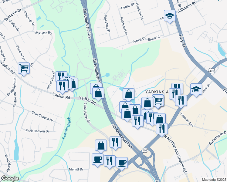 map of restaurants, bars, coffee shops, grocery stores, and more near 868 Santee Drive in Fayetteville