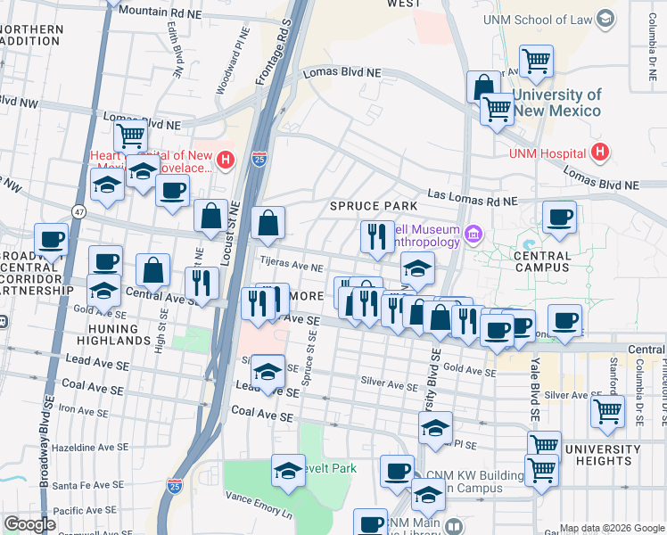 map of restaurants, bars, coffee shops, grocery stores, and more near 1301 Tijeras Avenue Northeast in Albuquerque
