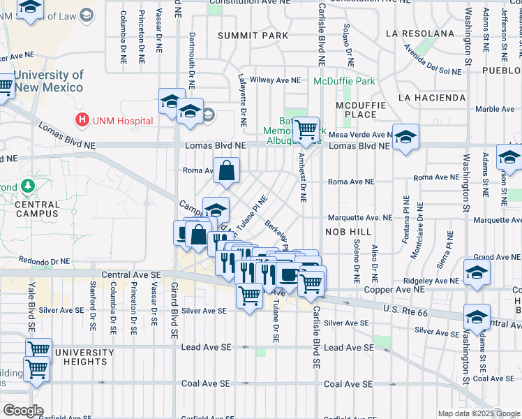 map of restaurants, bars, coffee shops, grocery stores, and more near 3333 Monte Vista Boulevard Northeast in Albuquerque