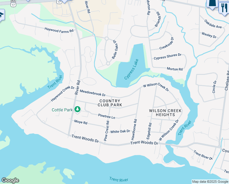 map of restaurants, bars, coffee shops, grocery stores, and more near 5124 Meadowbrook Drive in Trent Woods