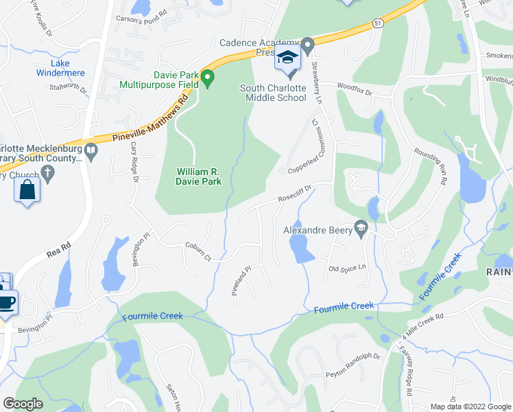 map of restaurants, bars, coffee shops, grocery stores, and more near Rosecliff Dr & Brownes Pond Ln in Charlotte