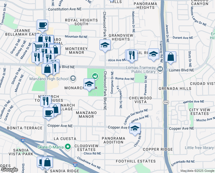 map of restaurants, bars, coffee shops, grocery stores, and more near 808 Chelwood Park Boulevard Northeast in Albuquerque