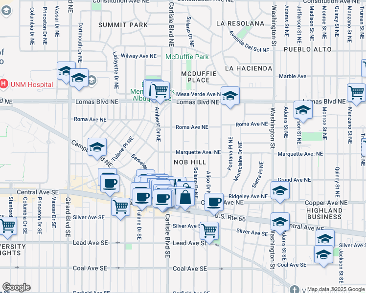 map of restaurants, bars, coffee shops, grocery stores, and more near 343 Hermosa Drive Northeast in Albuquerque