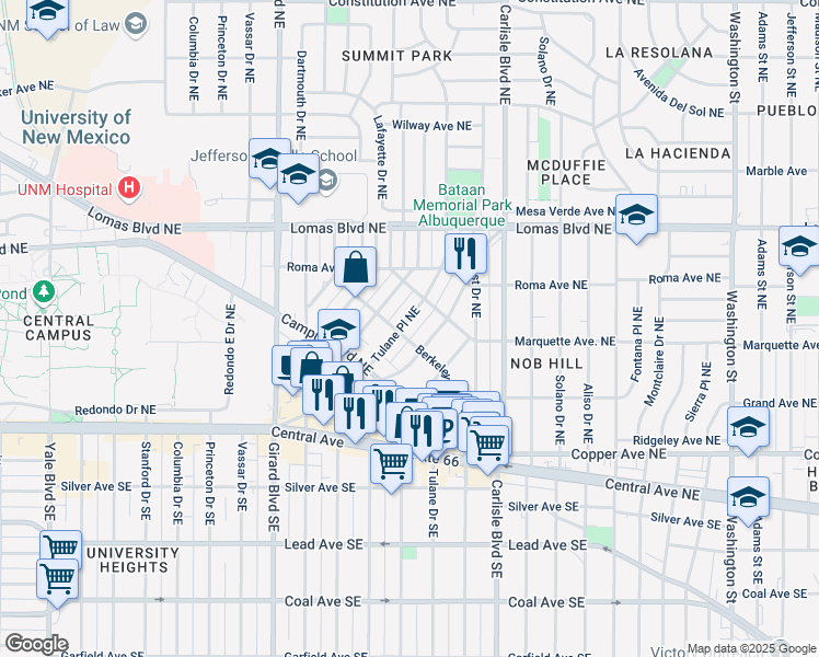 map of restaurants, bars, coffee shops, grocery stores, and more near 3333 Monte Vista Boulevard Northeast in Albuquerque