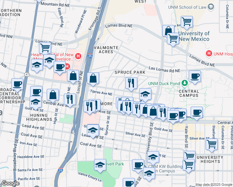 map of restaurants, bars, coffee shops, grocery stores, and more near 206 Spruce Street Northeast in Albuquerque