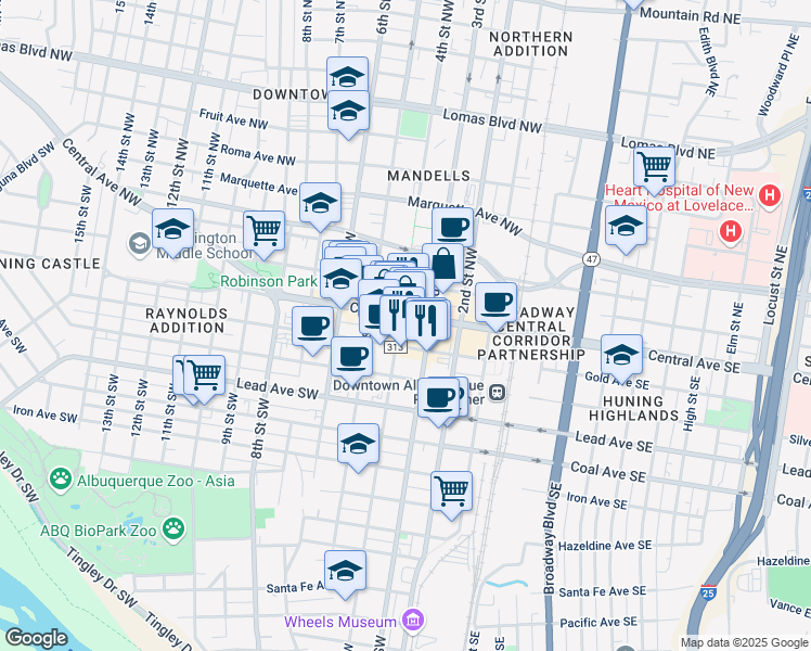 map of restaurants, bars, coffee shops, grocery stores, and more near 317 Gold Avenue Southwest in Albuquerque