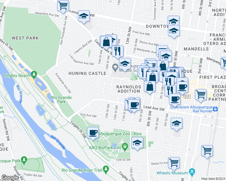 map of restaurants, bars, coffee shops, grocery stores, and more near 1204 Silver Avenue Southwest in Albuquerque
