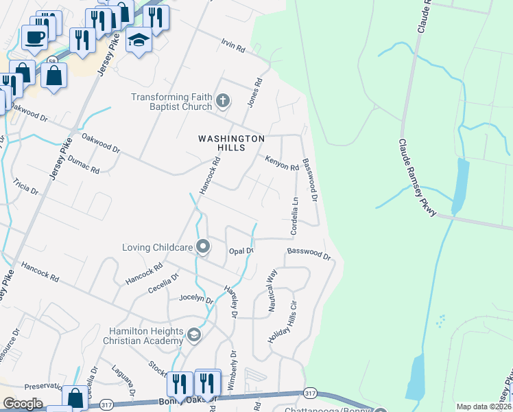map of restaurants, bars, coffee shops, grocery stores, and more near 5450 Hancock Terrace in Chattanooga