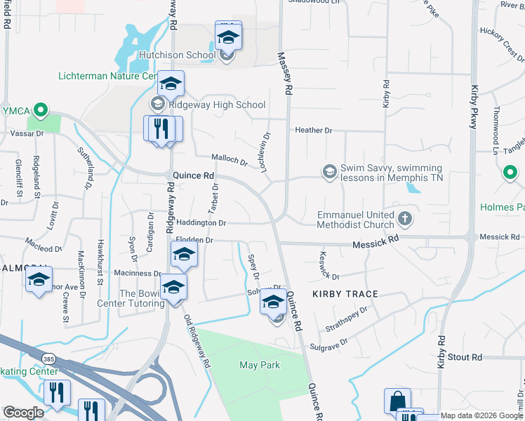 map of restaurants, bars, coffee shops, grocery stores, and more near 6237 Haddington Drive in Memphis