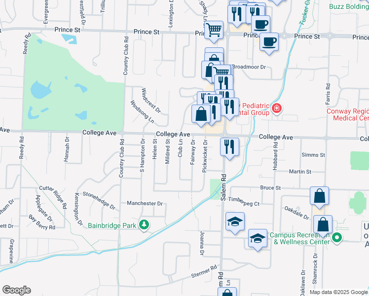 map of restaurants, bars, coffee shops, grocery stores, and more near 207 Fairway Drive in Conway