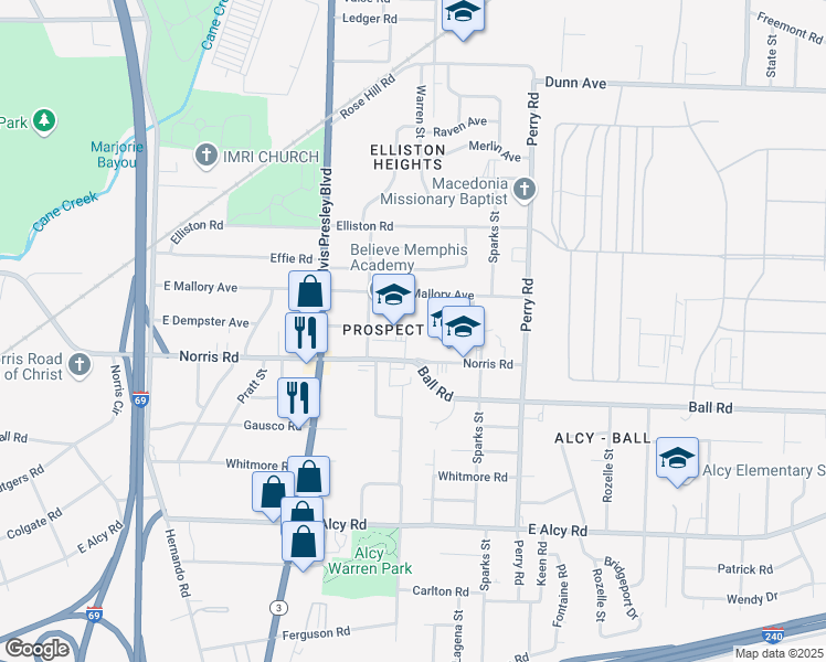 map of restaurants, bars, coffee shops, grocery stores, and more near 1490 Norris Road in Memphis