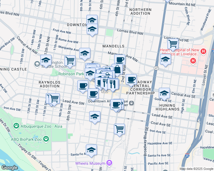 map of restaurants, bars, coffee shops, grocery stores, and more near 317 Gold Avenue Southwest in Albuquerque