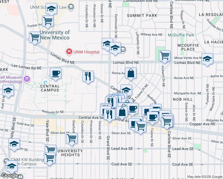 map of restaurants, bars, coffee shops, grocery stores, and more near 313 Dartmouth Drive Northeast in Albuquerque