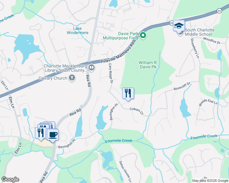map of restaurants, bars, coffee shops, grocery stores, and more near 5009 Coburn Court in Charlotte