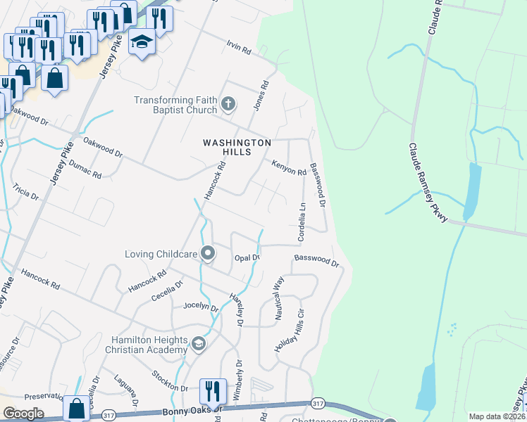 map of restaurants, bars, coffee shops, grocery stores, and more near 4707 Enterprise Lane in Chattanooga