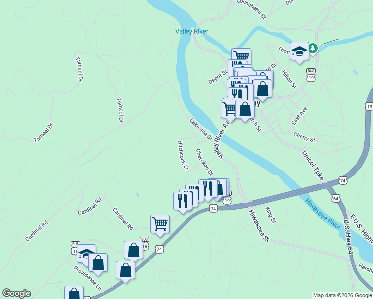 map of restaurants, bars, coffee shops, grocery stores, and more near 40 Hitchcock Street in Murphy