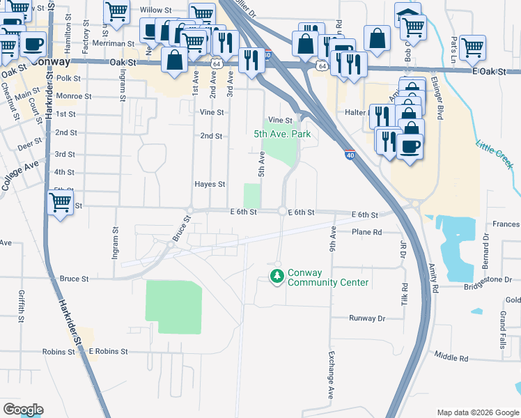 map of restaurants, bars, coffee shops, grocery stores, and more near 499 East 6th Street in Conway
