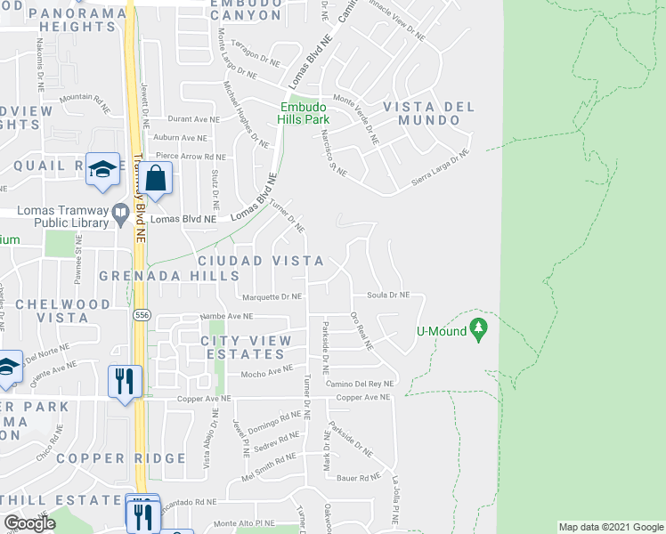 map of restaurants, bars, coffee shops, grocery stores, and more near 1108 Oro Real Northeast in Albuquerque