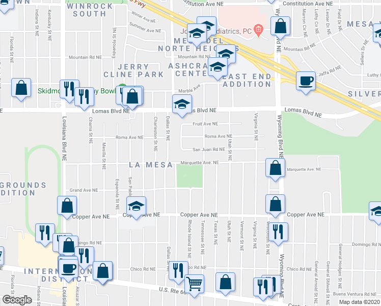 map of restaurants, bars, coffee shops, grocery stores, and more near 8000 Roma Avenue Northeast in Albuquerque