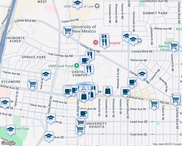 map of restaurants, bars, coffee shops, grocery stores, and more near 1900 Roma Avenue Northeast in Albuquerque