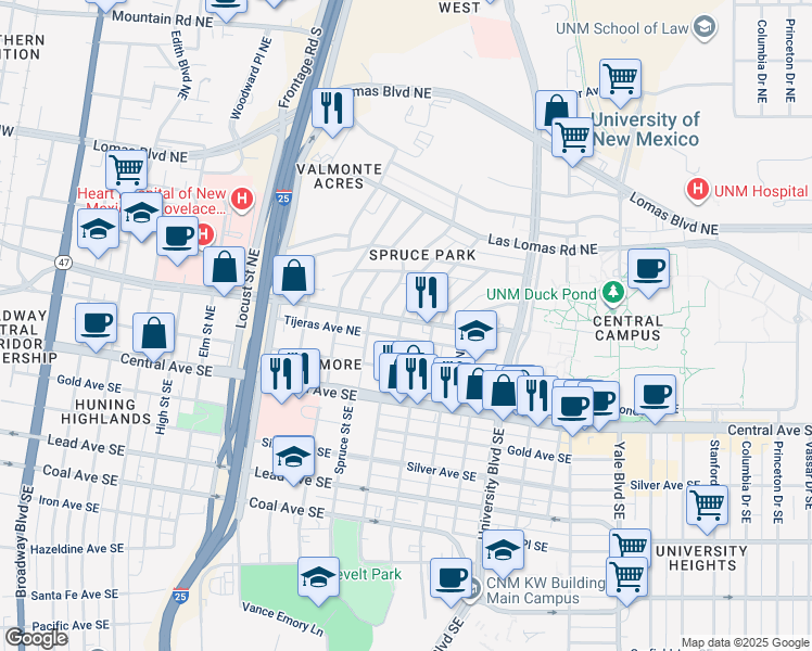 map of restaurants, bars, coffee shops, grocery stores, and more near 415 Sycamore Street Southeast in Albuquerque