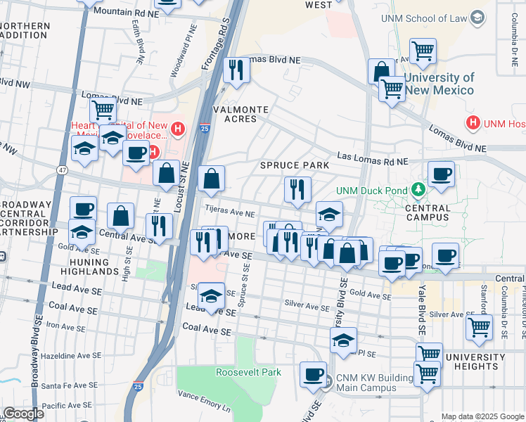 map of restaurants, bars, coffee shops, grocery stores, and more near 404 Ridge Place Northeast in Albuquerque