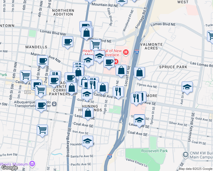 map of restaurants, bars, coffee shops, grocery stores, and more near 225 High Street Northeast in Albuquerque