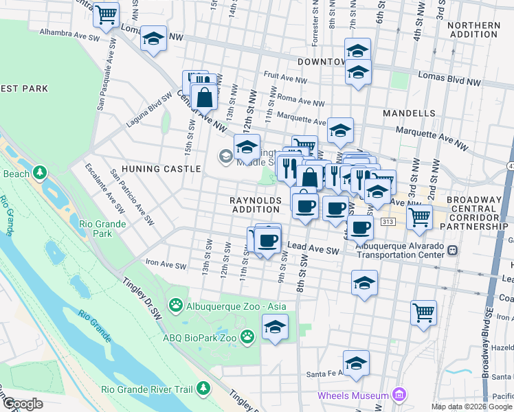 map of restaurants, bars, coffee shops, grocery stores, and more near in Albuquerque