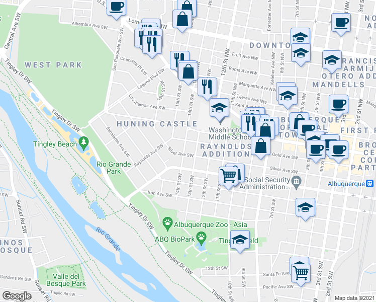 map of restaurants, bars, coffee shops, grocery stores, and more near 400 14th Street Southwest in Albuquerque