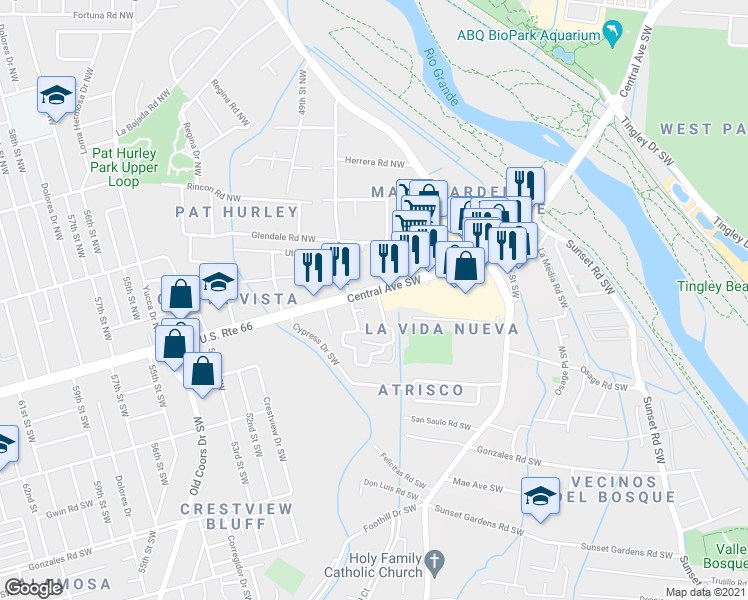 map of restaurants, bars, coffee shops, grocery stores, and more near 4517 Central Avenue Northwest in Albuquerque