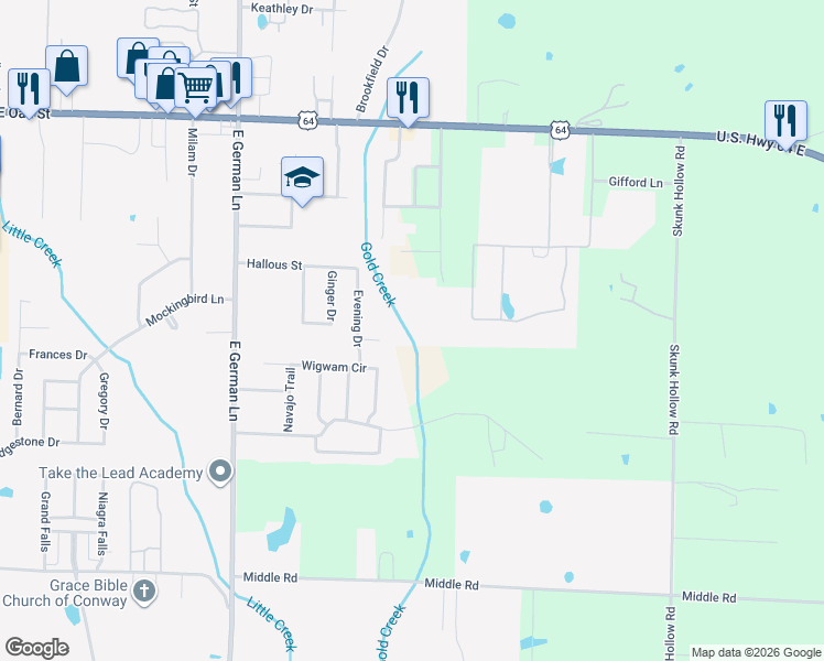 map of restaurants, bars, coffee shops, grocery stores, and more near 32 Hazelwood Road in Conway
