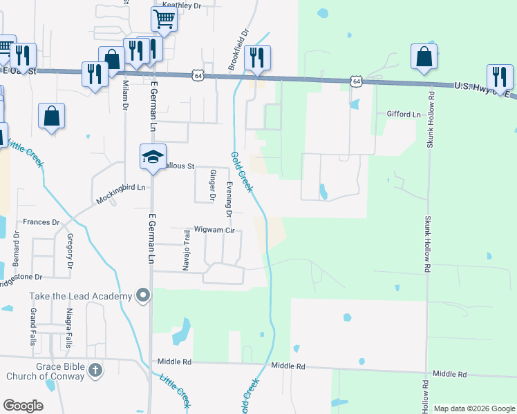 map of restaurants, bars, coffee shops, grocery stores, and more near 550 Evening Drive in Conway