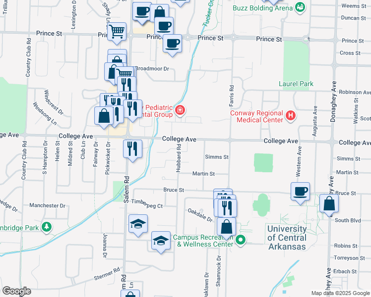 map of restaurants, bars, coffee shops, grocery stores, and more near 2608 College Avenue in Conway