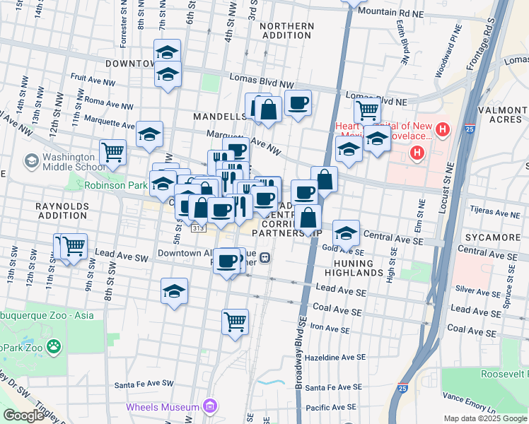 map of restaurants, bars, coffee shops, grocery stores, and more near 110 2nd Street Southwest in Albuquerque