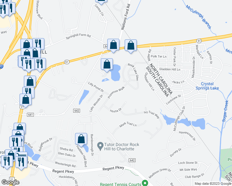 map of restaurants, bars, coffee shops, grocery stores, and more near 349 Primrose Walk in Fort Mill