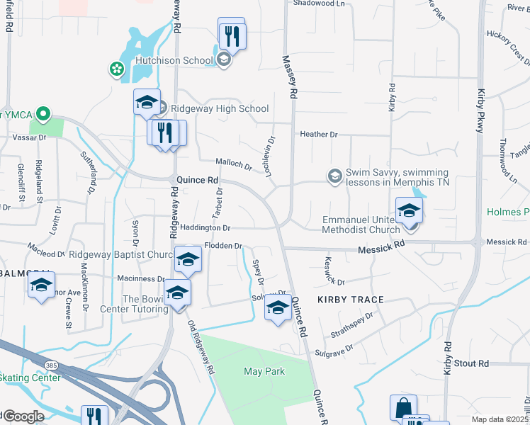 map of restaurants, bars, coffee shops, grocery stores, and more near 6227 Quince Road in Memphis