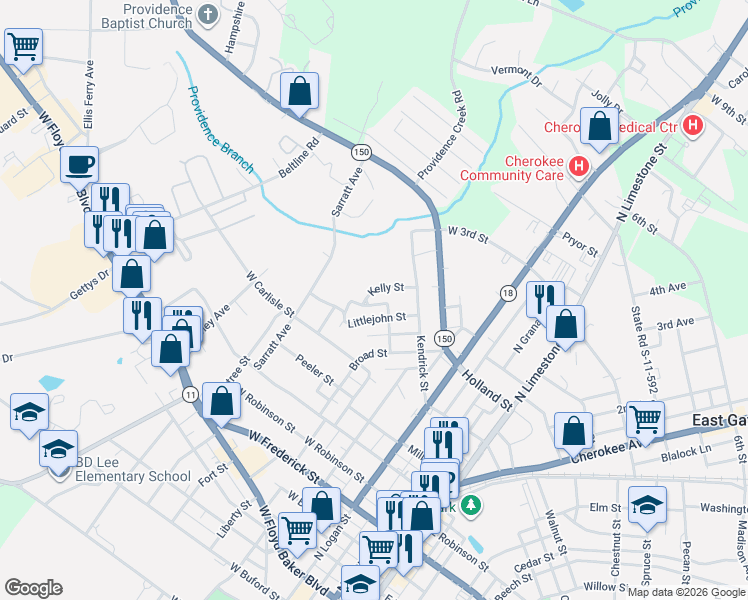 map of restaurants, bars, coffee shops, grocery stores, and more near 512 Kelly Street in Gaffney